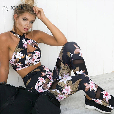 Floral Print  Bra+Long Pants  Fitness Sport Suit